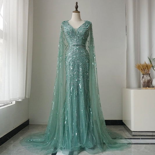 Luxury Dubai Turquoise Mermaid Evening Dresses with Cape V-Neck