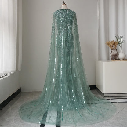 Luxury Dubai Turquoise Mermaid Evening Dresses with Cape V-Neck