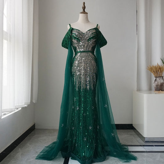 Alacati2025 Spaghetti Strap Blue Mermaid Beaded Luxury Evening Dress with Cape Sleeves for Formal Occasion Saudi ED500680