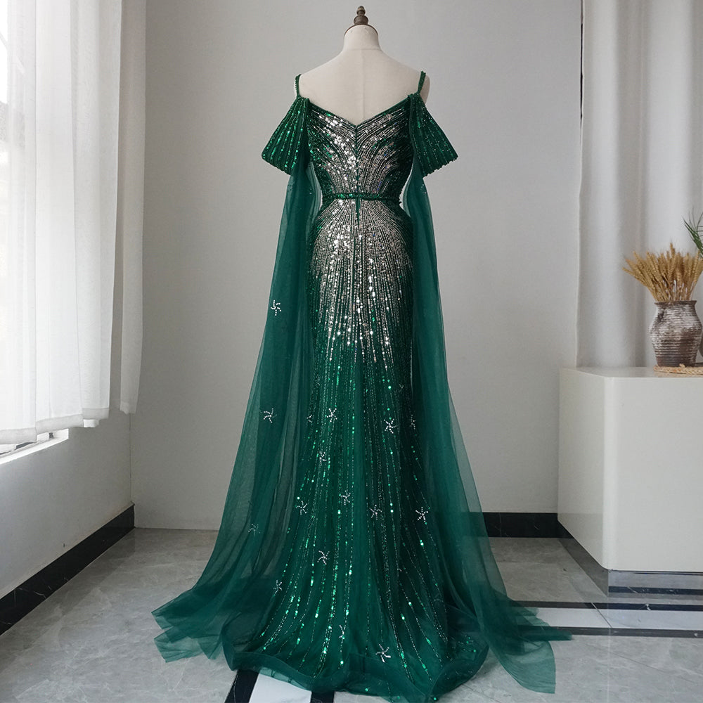 Alacati2025 Spaghetti Strap Blue Mermaid Beaded Luxury Evening Dress with Cape Sleeves for Formal Occasion Saudi ED500680