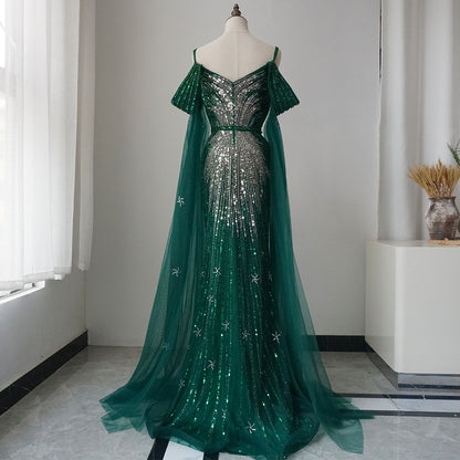 Alacati2025 Spaghetti Strap Blue Mermaid Beaded Luxury Evening Dress with Cape Sleeves for Formal Occasion Saudi ED500680