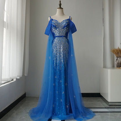 Alacati2025 Spaghetti Strap Blue Mermaid Beaded Luxury Evening Dress with Cape Sleeves for Formal Occasion Saudi ED500680