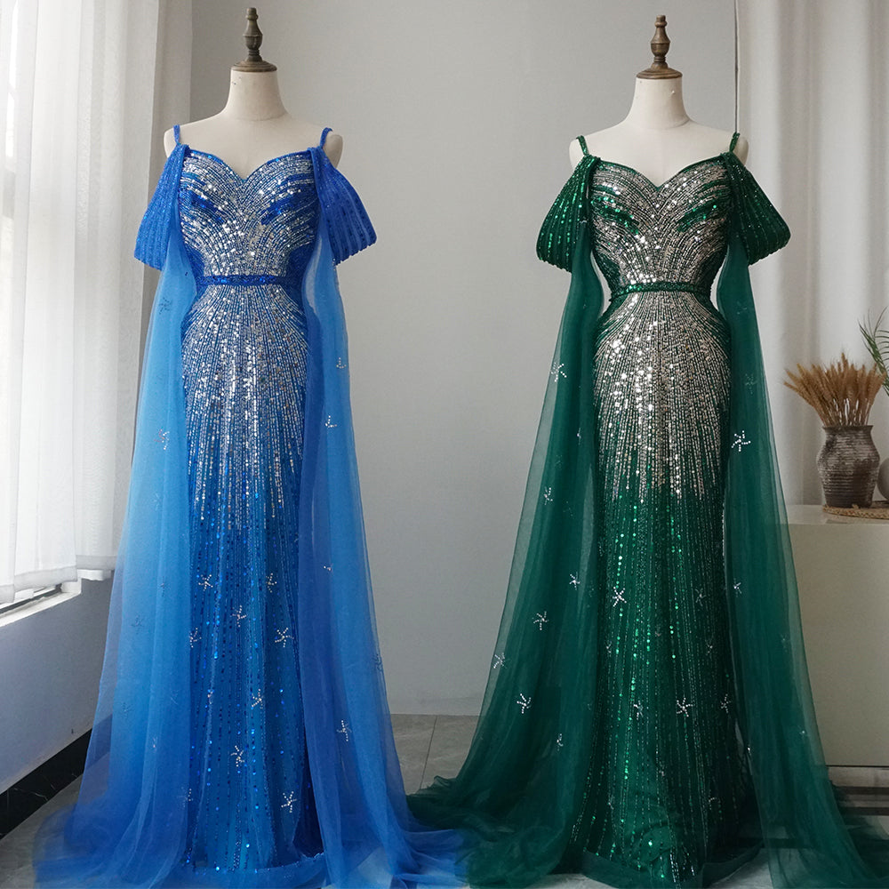 Alacati2025 Spaghetti Strap Blue Mermaid Beaded Luxury Evening Dress with Cape Sleeves for Formal Occasion Saudi ED500680