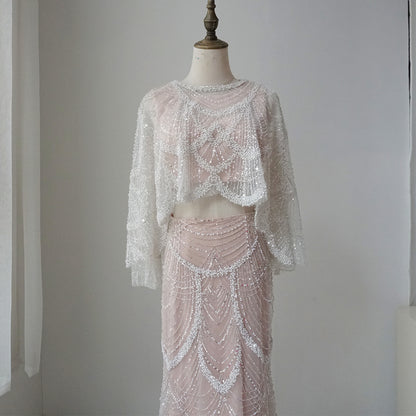 Luxury Beaded Nude Two Pieces Evening Dress