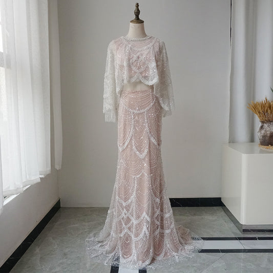 Luxury Beaded Nude Two Pieces Evening Dress