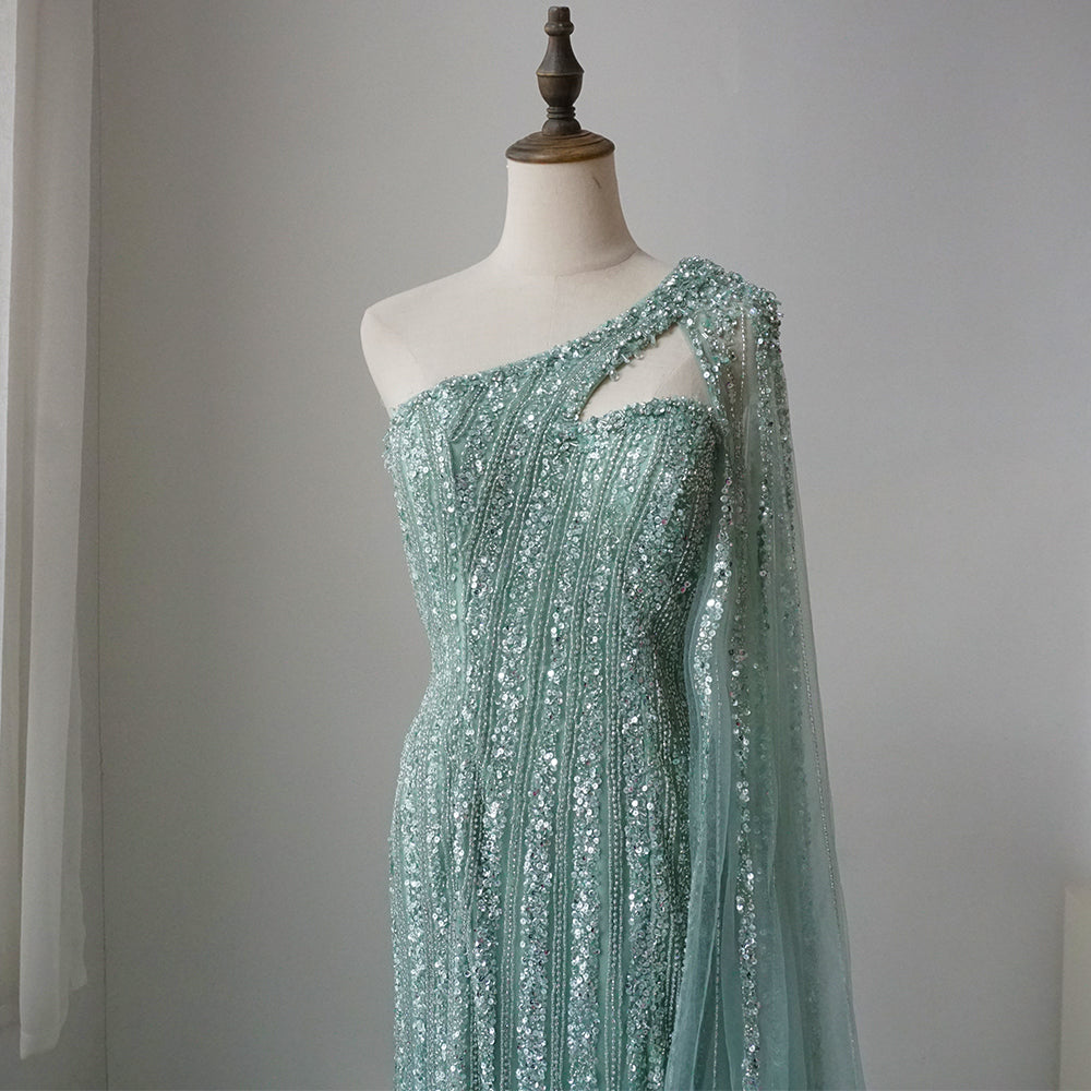 Arabic Beaded One Shoulder Cape Sleeves Turquoise Mermaid Evening Dresses Gowns For Women Wedding Party 2025