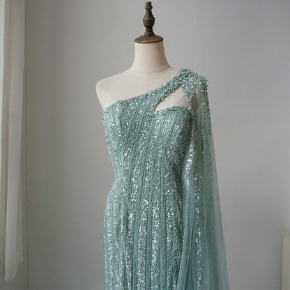 Arabic Beaded One Shoulder Cape Sleeves Turquoise Mermaid Evening Dresses Gowns For Women Wedding Party 2025