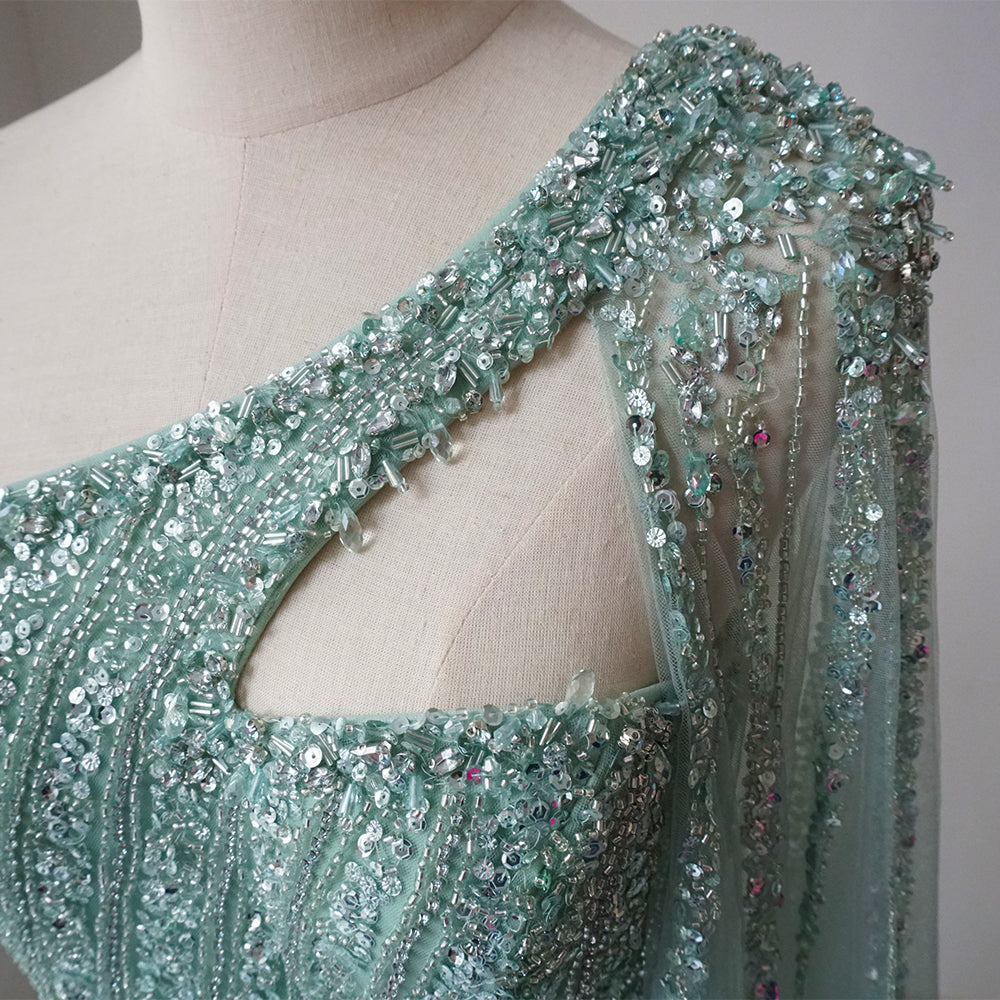 Arabic Beaded One Shoulder Cape Sleeves Turquoise Mermaid Evening Dresses Gowns For Women Wedding Party 2025