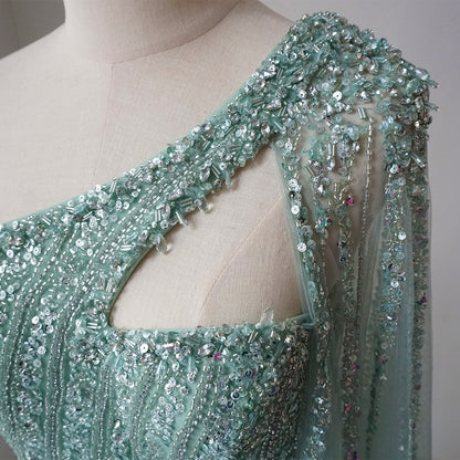 Arabic Beaded One Shoulder Cape Sleeves Turquoise Mermaid Evening Dresses Gowns For Women Wedding Party 2025
