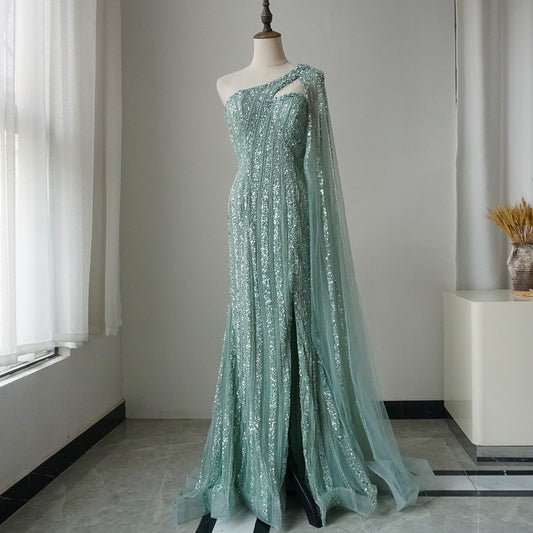 Arabic Beaded One Shoulder Cape Sleeves Turquoise Mermaid Evening Dresses Gowns For Women Wedding Party 2025