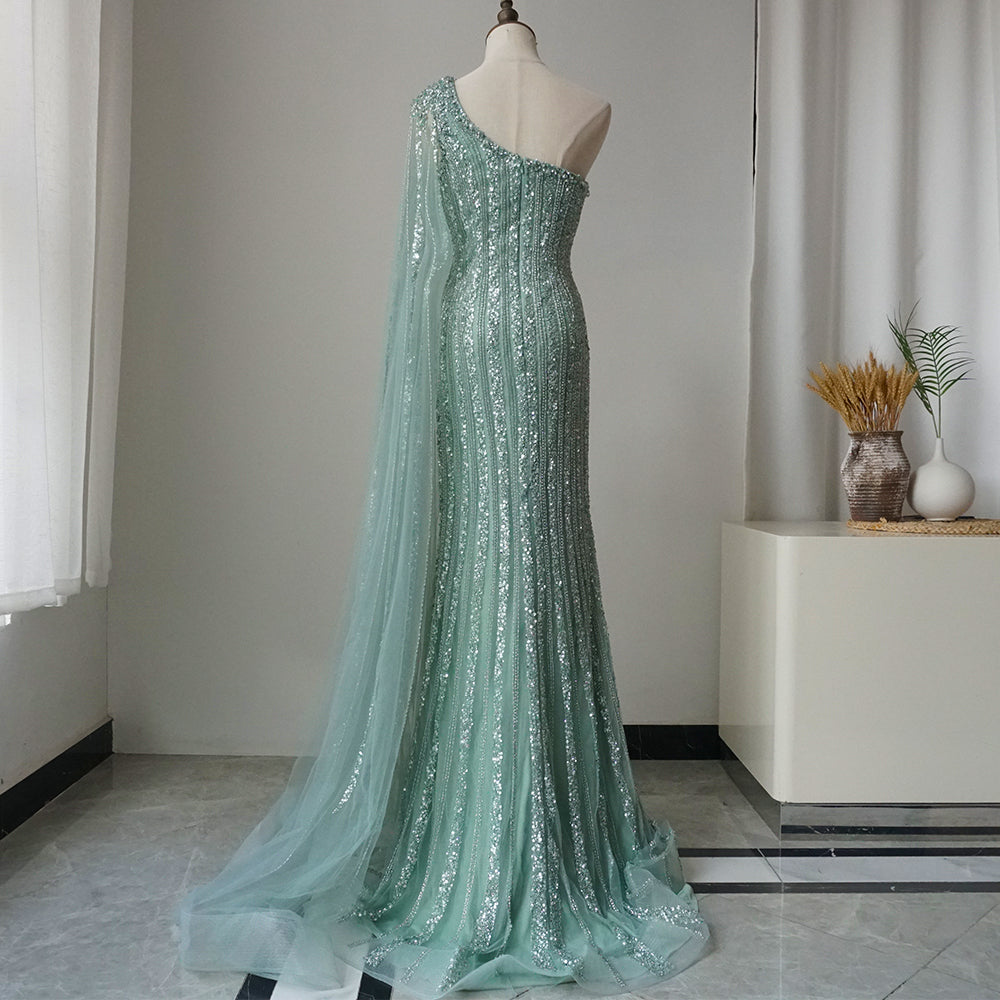 Arabic Beaded One Shoulder Cape Sleeves Turquoise Mermaid Evening Dresses Gowns For Women Wedding Party 2025