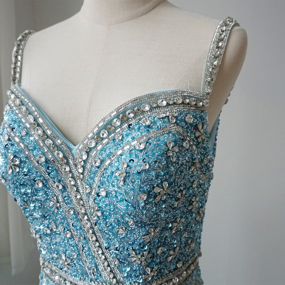 2025 Caramel Spaghetti Strap Mermaid Gown Feathers Beaded Luxury Saudi Evening Dress for Formal Occasion ED500686