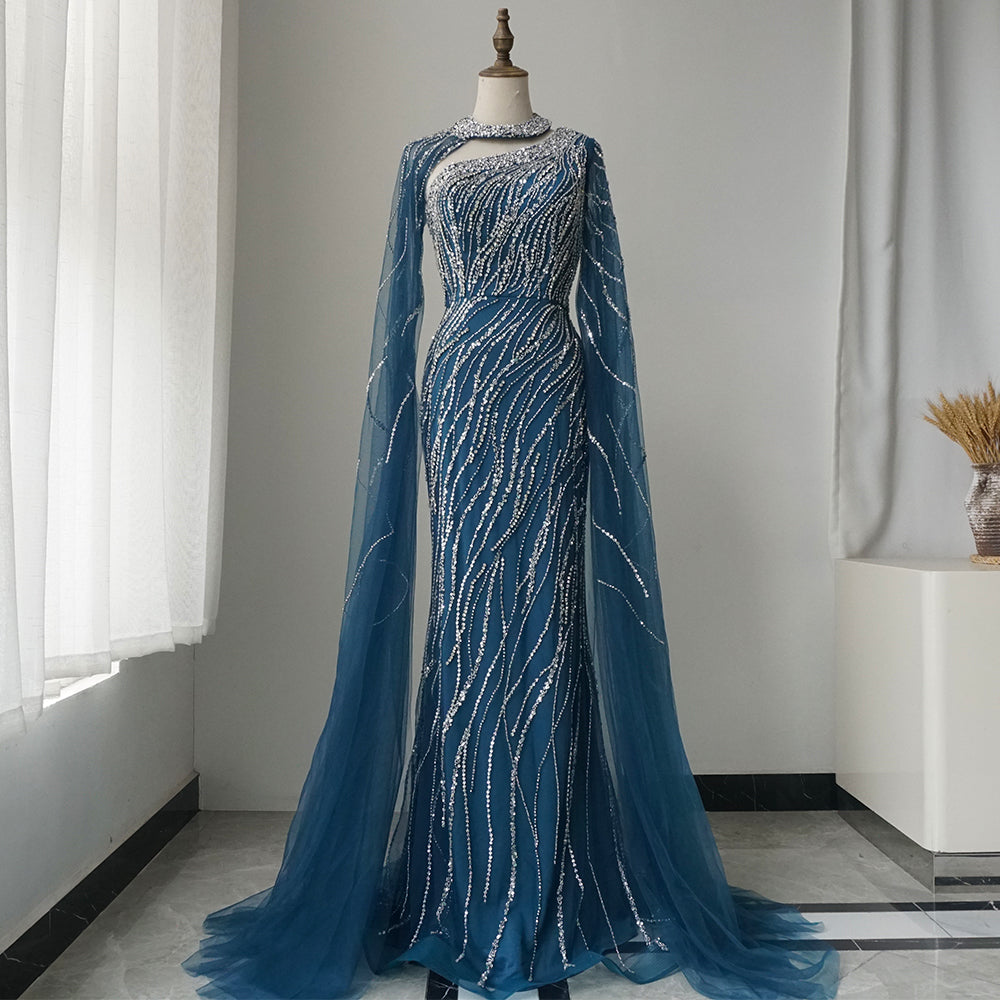 Black Mermaid Elegant Cape Sleeves Beaded Luxury Evening Dresses Gowns For Women Arabic Party ED500698