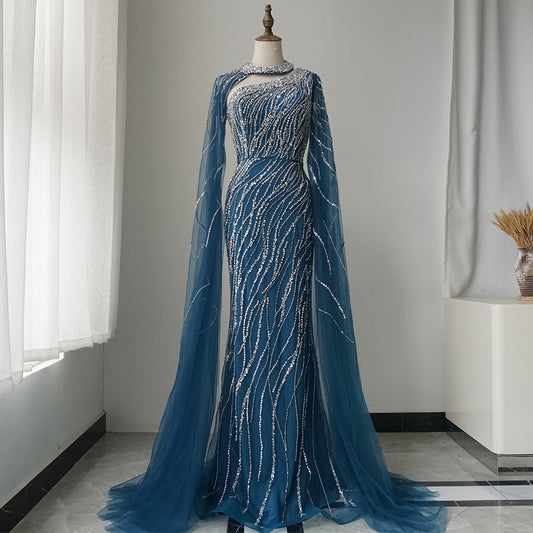 Black Mermaid Elegant Cape Sleeves Beaded Luxury Evening Dresses Gowns For Women Arabic Party ED500698