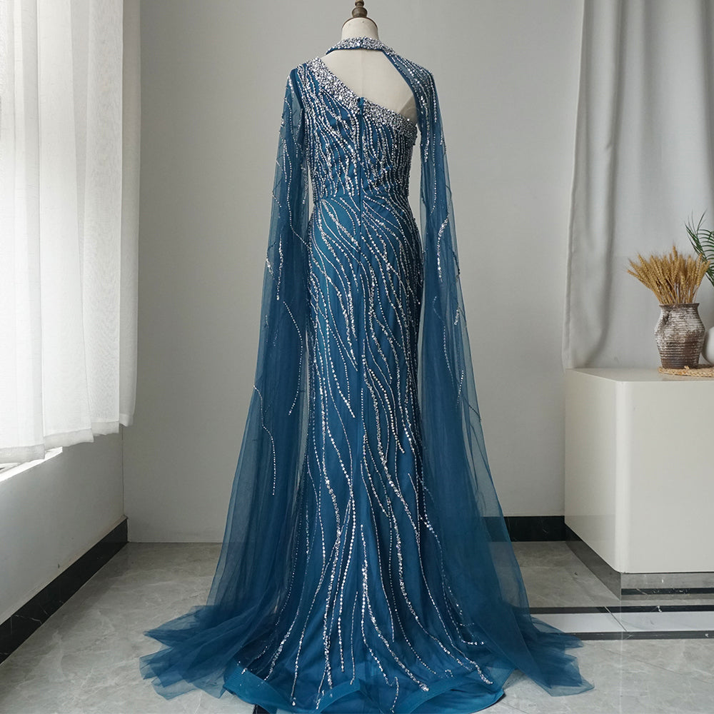Black Mermaid Elegant Cape Sleeves Beaded Luxury Evening Dresses Gowns For Women Arabic Party ED500698