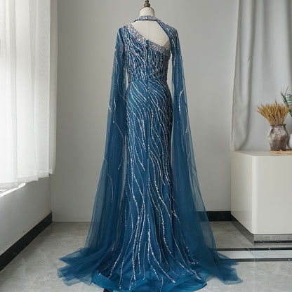 Black Mermaid Elegant Cape Sleeves Beaded Luxury Evening Dresses Gowns For Women Arabic Party ED500698