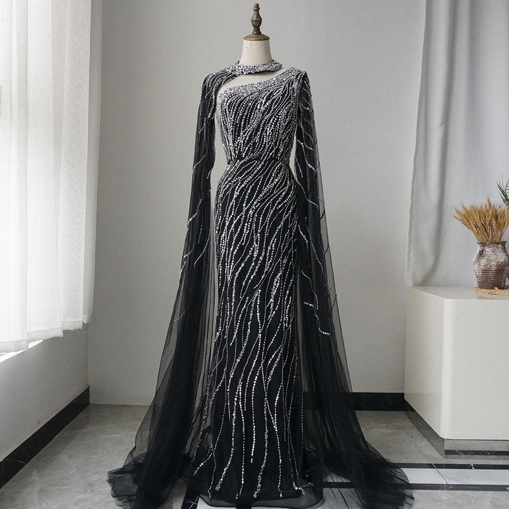 Black Mermaid Elegant Cape Sleeves Beaded Luxury Evening Dresses Gowns For Women Arabic Party ED500698