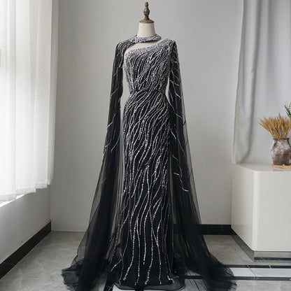 Black Mermaid Elegant Cape Sleeves Beaded Luxury Evening Dresses Gowns For Women Arabic Party ED500698