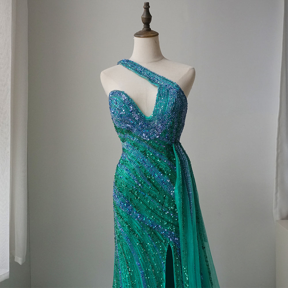 Blue Green Mermaid Sexy High Split One Shoulder Beaded Long Evening Dresses Gowns For Women Wedding Party ED500699