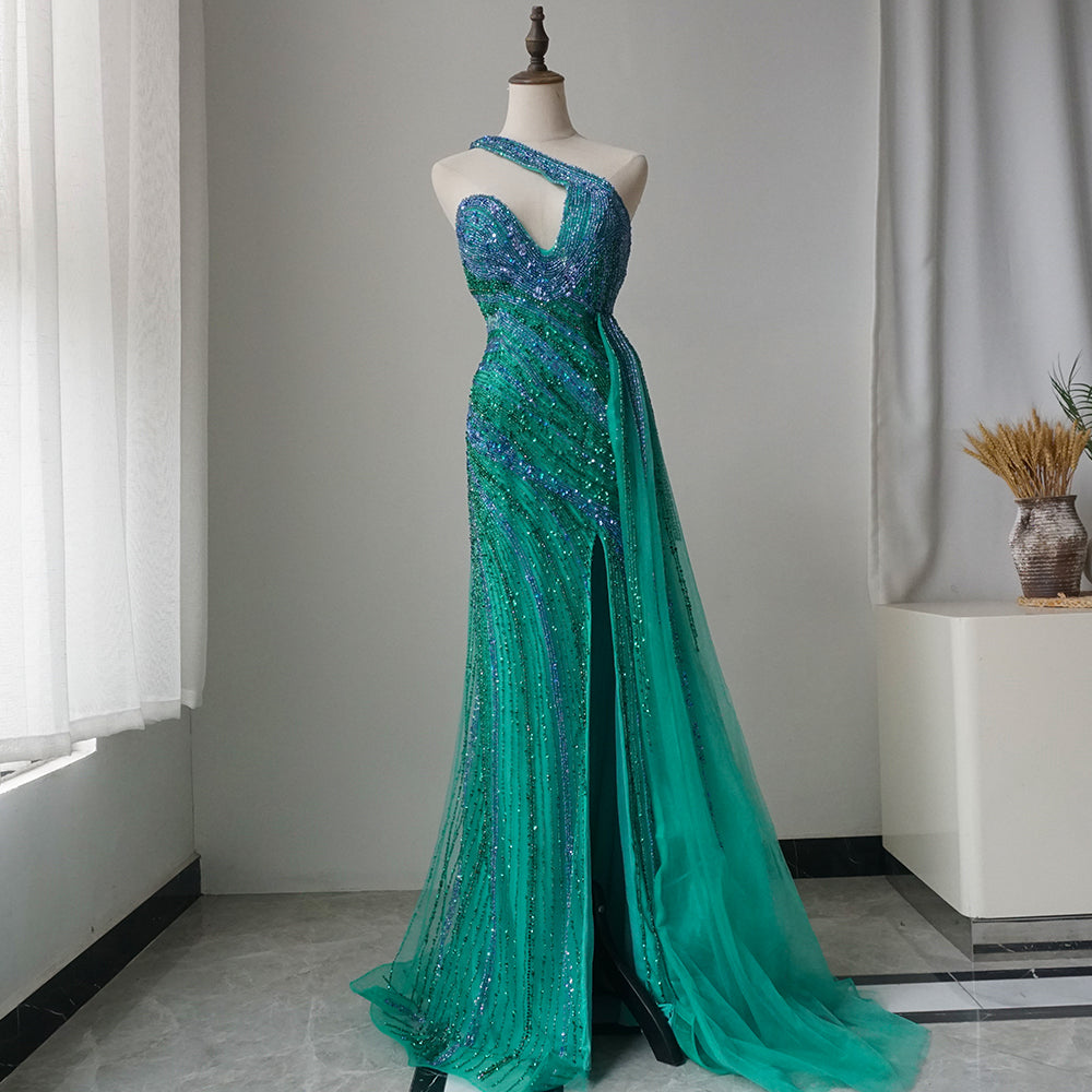 Blue Green Mermaid Sexy High Split One Shoulder Beaded Long Evening Dresses Gowns For Women Wedding Party ED500699