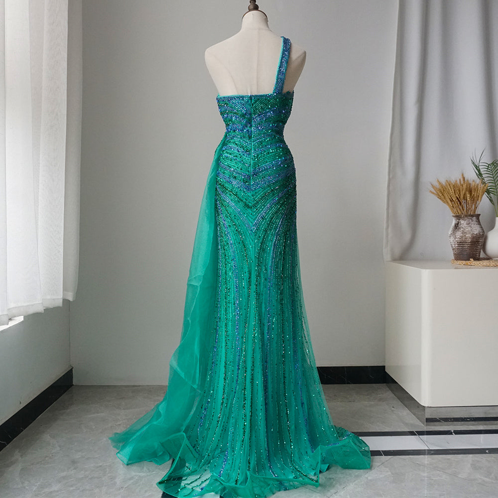 Blue Green Mermaid Sexy High Split One Shoulder Beaded Long Evening Dresses Gowns For Women Wedding Party ED500699