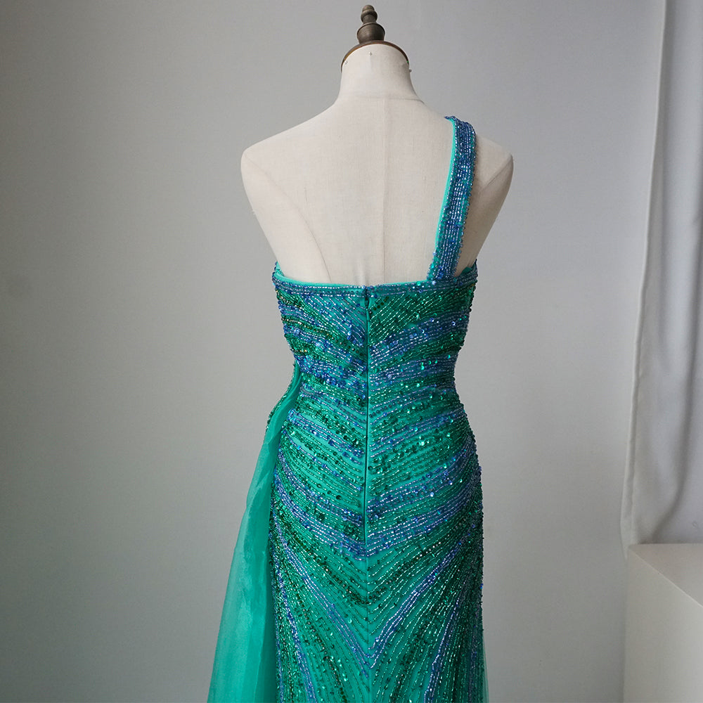 Blue Green Mermaid Sexy High Split One Shoulder Beaded Long Evening Dresses Gowns For Women Wedding Party ED500699