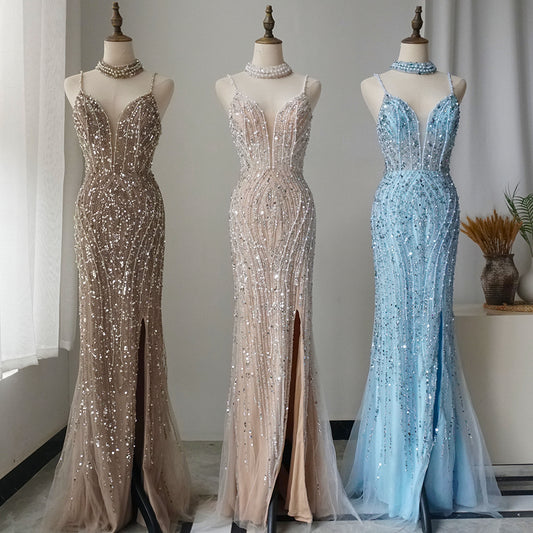 Silver Nude Mermaid Spaghetti with split Strap Beaded Evening Dresses Prom Gowns For Woman Party 2025 ED500701