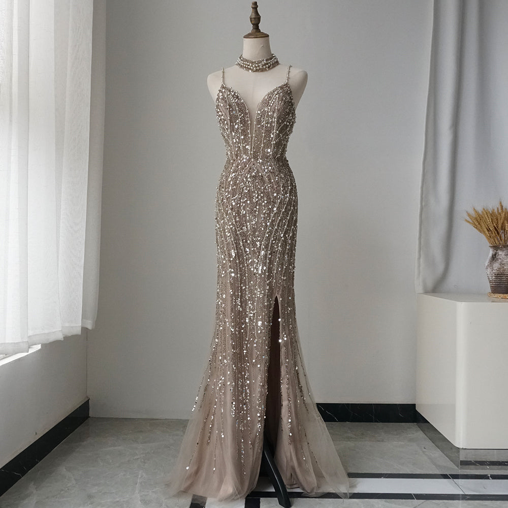 Silver Nude Mermaid Spaghetti with split Strap Beaded Evening Dresses Prom Gowns For Woman Party 2025 ED500701