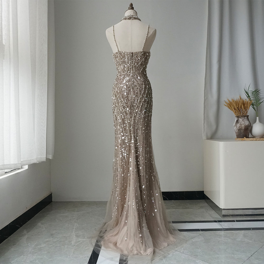 Silver Nude Mermaid Spaghetti with split Strap Beaded Evening Dresses Prom Gowns For Woman Party 2025 ED500701