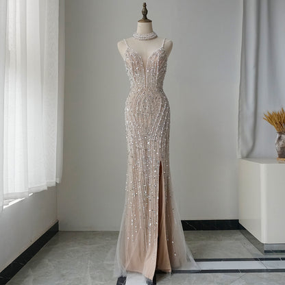 Silver Nude Mermaid Spaghetti with split Strap Beaded Evening Dresses Prom Gowns For Woman Party 2025 ED500701