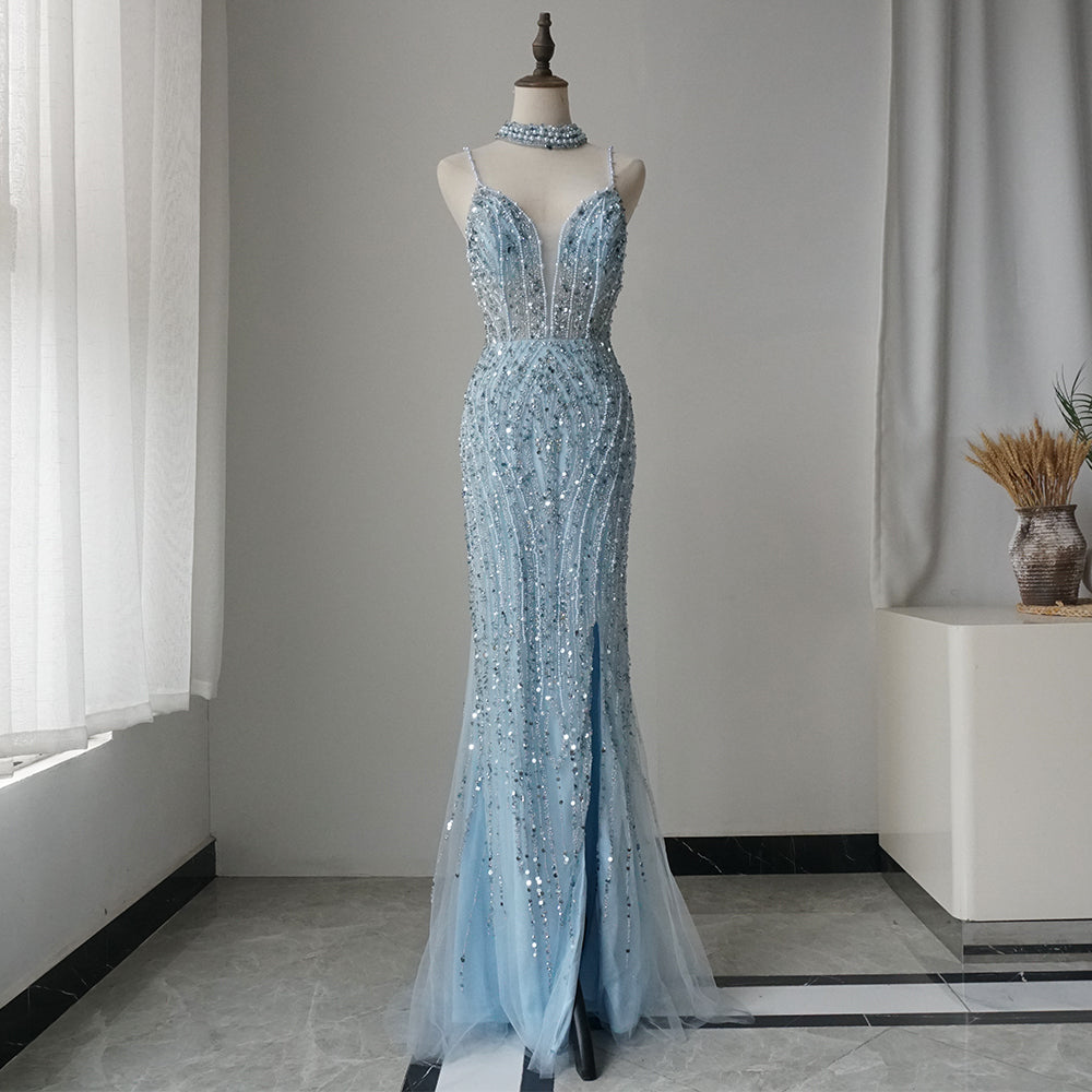 Silver Nude Mermaid Spaghetti with split Strap Beaded Evening Dresses Prom Gowns For Woman Party 2025 ED500701