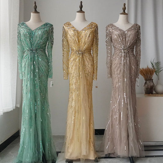 Luxury Designer Arabic Turquoise Mermaid Split Evening Dresses Gowns With ED500700