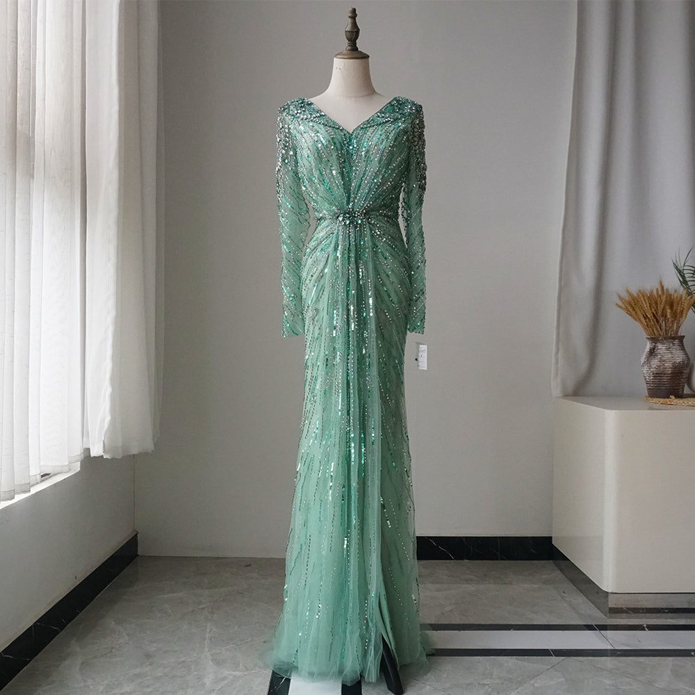 Luxury Designer Arabic Turquoise Mermaid Split Evening Dresses Gowns With ED500700