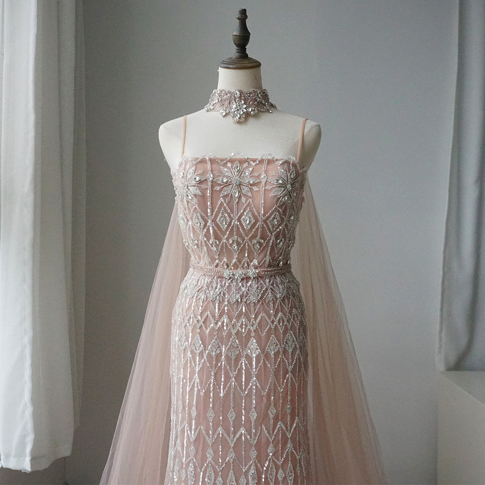 Luxury Dubai Nude Beaded Spaghetti Strap Design Mermaid Evening Dresses Gowns with Long Cape for Formal Occasion ED500702