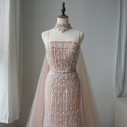 Luxury Dubai Nude Beaded Spaghetti Strap Design Mermaid Evening Dresses Gowns with Long Cape for Formal Occasion ED500702