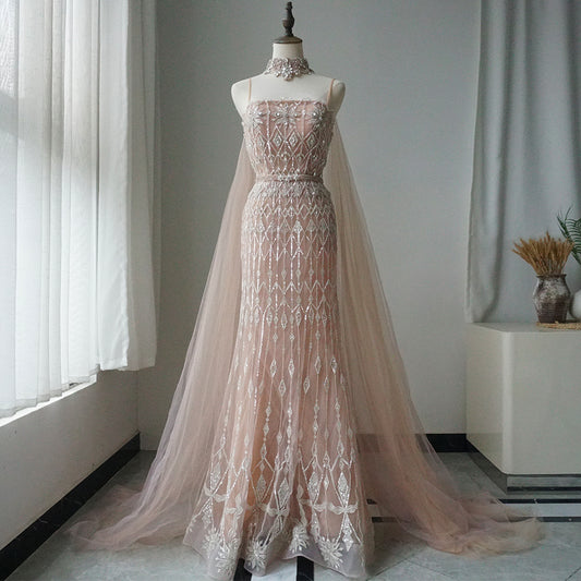 Luxury Dubai Nude Beaded Spaghetti Strap Design Mermaid Evening Dresses Gowns with Long Cape for Formal Occasion ED500702