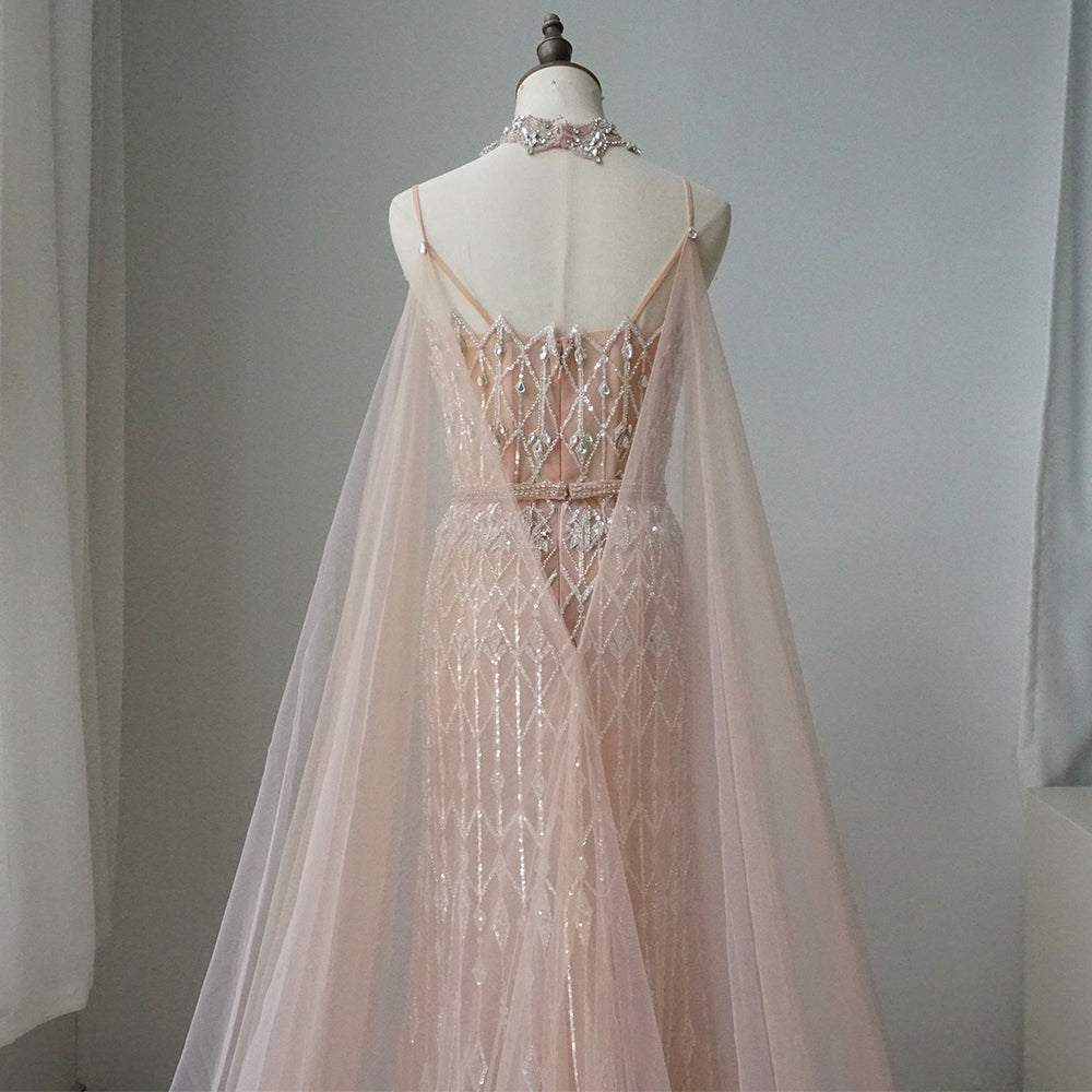 Luxury Dubai Nude Beaded Spaghetti Strap Design Mermaid Evening Dresses Gowns with Long Cape for Formal Occasion ED500702