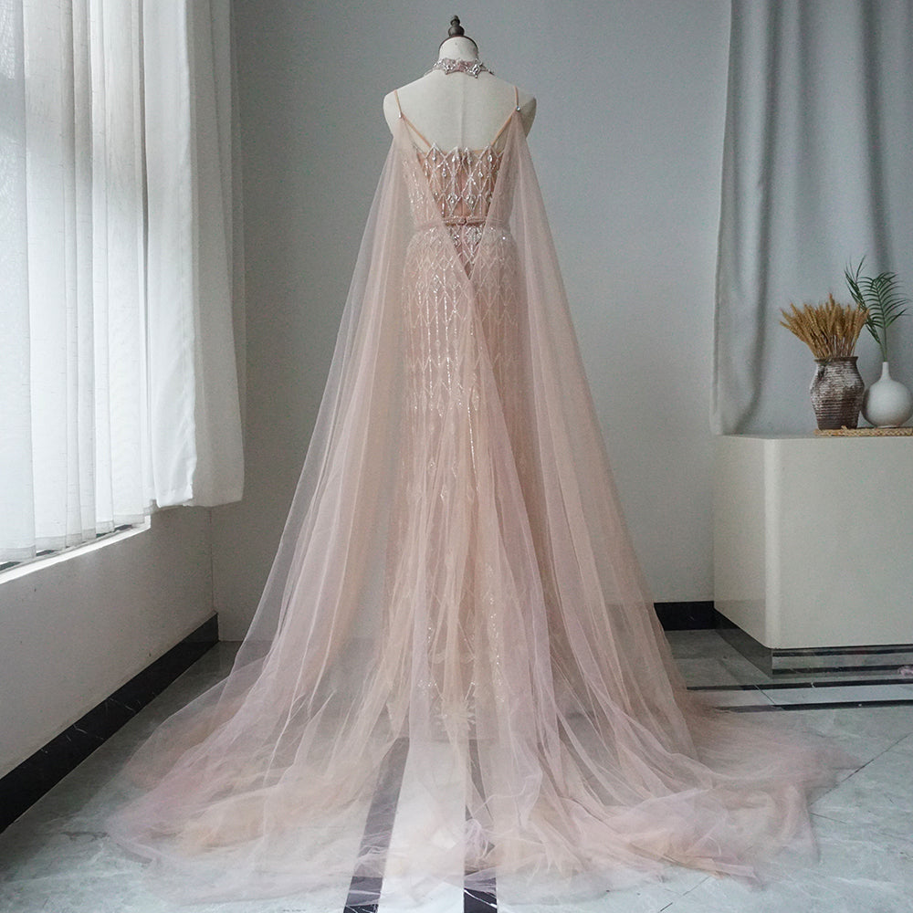 Luxury Dubai Nude Beaded Spaghetti Strap Design Mermaid Evening Dresses Gowns with Long Cape for Formal Occasion ED500702