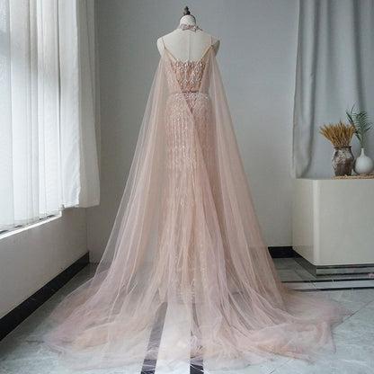 Luxury Dubai Nude Beaded Spaghetti Strap Design Mermaid Evening Dresses Gowns with Long Cape for Formal Occasion ED500702