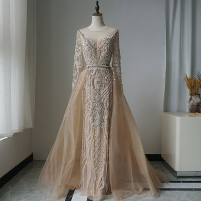 Alacati Muslim Nude Beaded Mermaid Evening Dress with Overskirt ED500739