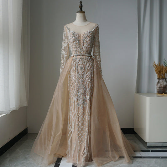 Alacati Muslim Nude Beaded Mermaid Evening Dress with Overskirt ED500739