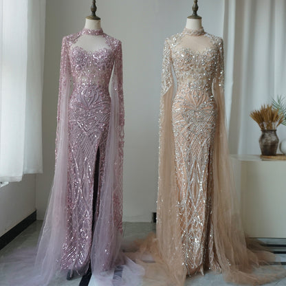 Alacati Luxury Nude Beaded Mermaid Evening Dress with Cape ED500769