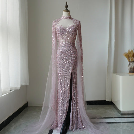 Alacati Luxury Nude Beaded Mermaid Evening Dress with Cape ED500769