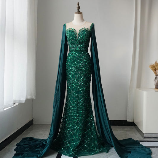 Alacati Green Cape Sleeves Luxury Evening Dresses Gowns 2025 Mermaid Beaded Elegant For Women Party ED500771