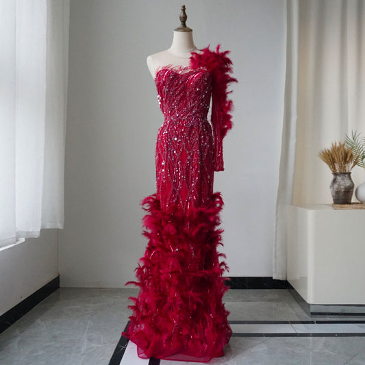 Alacati Arabic Wine Red Mermaid Luxury Evening Dresses Gowns Feathers Beading Elegant For Woman wedding Party 2025 ED500770