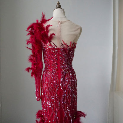 Alacati Arabic Wine Red Mermaid Luxury Evening Dresses Gowns Feathers Beading Elegant For Woman wedding Party 2025 ED500770