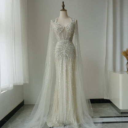 Alacati Luxury Nude Beaded Evening Dress with Cape Sleeves ED500778