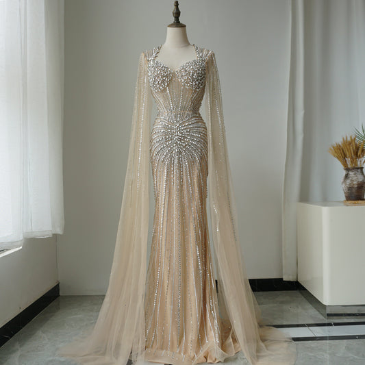 Alacati Luxury Nude Beaded Evening Dress with Cape Sleeves ED500778