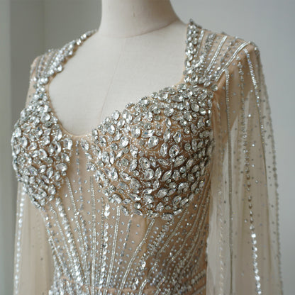 Alacati Luxury Nude Beaded Evening Dress with Cape Sleeves ED500778