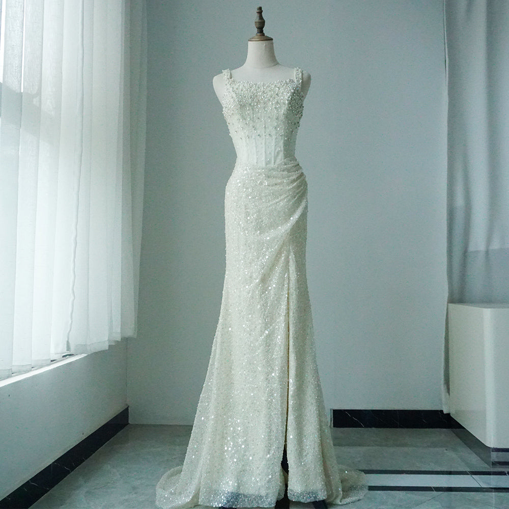 Luxury Dubai Beige Mermaid Floor Length Evening Gowns Luxury Beaded Crystal Spaghetti ED500630 Strap Party Drsses For Women